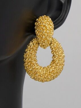 Vintage Panetta Doorknocker Hoop Clip On Earrings Gold Plated Bumpy Brutalist